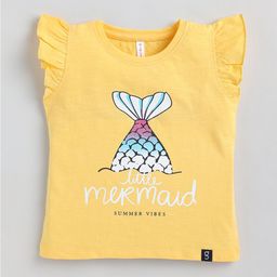 Ginie Girls Yellow Printed Applique T-shirt-image-0