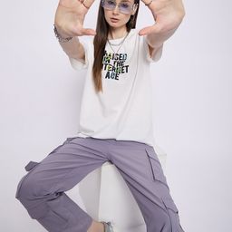 Mast & Harbour White Typography Printed Oversized Pure Cotton T-shirt-image-67