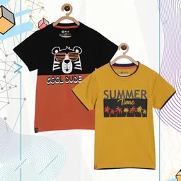 3PIN Boys  Pack Of 2 Yellow & Orange Printed Cotton T-shirt-image-80