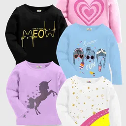 KUCHIPOO Pack Of 5 Girls Graphic Printed Round Neck T-shirts-image-73