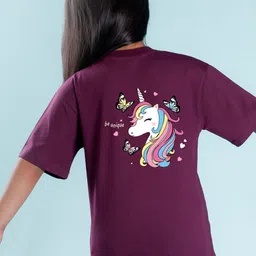 NUSYL Girls Graphic Unicorn Printed Drop-Shoulder Sleeves Oversized T-shirt-image-65
