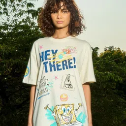 Bonkers Corner Sponge Bob Printed Pure Cotton Oversized T-shirt-image-76