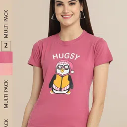 Fabflee Women Pink & Peach-Coloured Pack of 2 Printed Cotton T-shirts-14