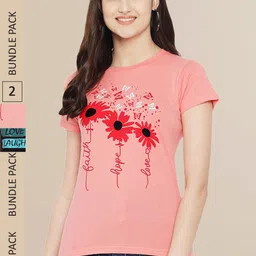 Fabflee Women Peach & Black Pack of 2 Typography PrintedCotton T-shirts-picture-23