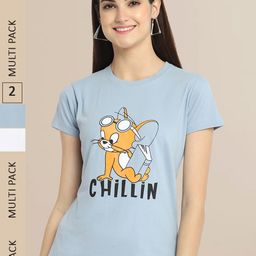 Fabflee Women Blue & White Pack of 2 Graphic Printed Cotton T-shirt-image-18