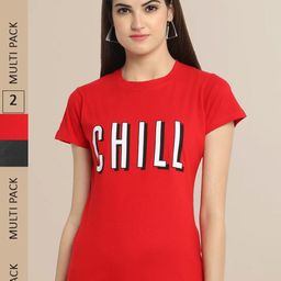 Fabflee Women Pack of 2 Red & Black Typography Printed Cotton T-shirt-image-71