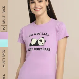 Fabflee Women Pack of 2 Lavender & Sea Green Printed Cotton T-shirt-image-126