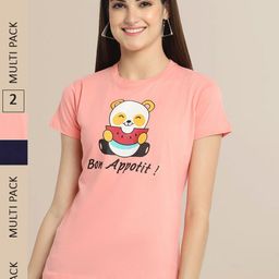 Fabflee Women Pink & Black Pack of 2 Printed Cotton T-shirt-image-107