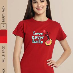 Fabflee Women Maroon & Red Pack of 2 Printed Cotton T-shirts-image-85