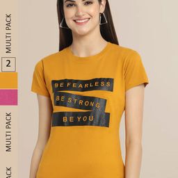 Fabflee Women Pack Of 2 Mustard Yellow & Pink Typography Printed Cotton T-shirts-image-96