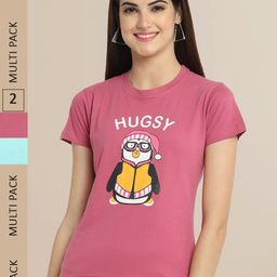 Fabflee Women Pink & Blue Pack of 2 Printed Cotton T-shirts-image-26