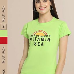 Fabflee Women Green & Red Pack of 2 Printed Cotton T-shirts-17