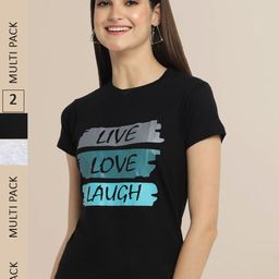 Fabflee Women Pack Of 2 Black & Grey Typography Printed Cotton T-shirts-image-72