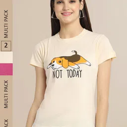 Fabflee Women Beige Pack of 2 Printed Cotton T-shirts-image-21