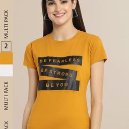 Fabflee Women Pack Of 2 Mustard Yellow & Off White Typography Printed Cotton T-shirt-image-94