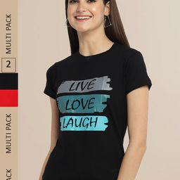 Fabflee Women Black & Red Pack of 2 Typography  Printed Cotton T-shirts-image-75