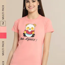 Fabflee Women Pack Of 2 Peach & Pink Printed Cotton T-shirts-picture-5