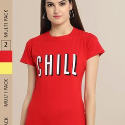 Fabflee Women Red & Yellow Pack of 2 Printed Cotton T-shirts-image-86
