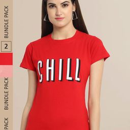 Fabflee Women Pack Of 2 Red & Coral Printed Cotton T-shirt-image-39