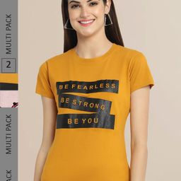 Fabflee Women Mustard Yellow & Off White Pack of 2 Typography Printed Cotton  T-shirt-image-91