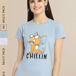 Fabflee Women Pack Of 2 Blue & Grey Typography Printed Cotton T-shirts-image-99