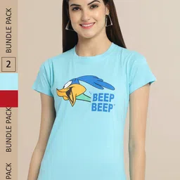Fabflee Women Blue & Red Pack of 2 Graphic Printed Cotton T-shirt-102