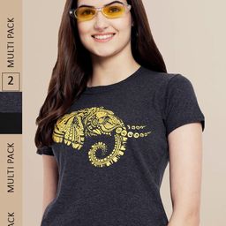 Fabflee Women Black Pack of 2 Typography  Printed Cotton T-shirts-image-115