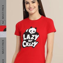 Fabflee Women Red & Green Pack of 2 Typography Printed Cotton T-shirts-image-105