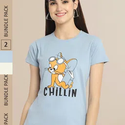 Fabflee Women Blue & Cream Pack of 2 Graphic Printed Cotton T-shirt-picture-32