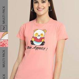Fabflee Women Peach Pack of 2 Printed Cotton T-shirt-image-0