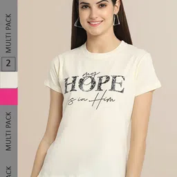 Fabflee Women Cream & Pink Typography Pack of 2 Printed Cotton T-shirt-picture-26