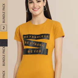 Fabflee Women Mustard Yellow & Charcoal Pack of 2 Graphic Printed Cotton T-shirt-9