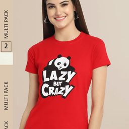 Fabflee Women Red & Off White Pack of 2 Typography  Printed Cotton T-shirts-picture-6