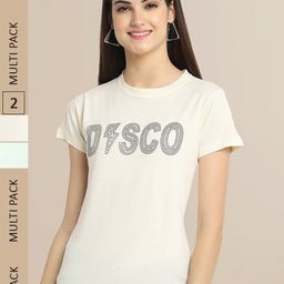 Fabflee Women Off White & Cream Pack Of 2 Typography Printed Cotton T-shirts-image-97