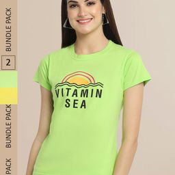 Fabflee Women Yellow & Lime Green Pack of 2 Typography Printed Cotton T-shirt-image-85
