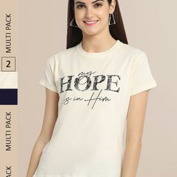 Fabflee Women Pack Of 2 Off White & Navy Blue Typography Printed Cotton T-shirts-image-104