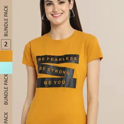 Fabflee Women Pack Of 2 Mustard Yellow & Blue Typography Printed Cotton T-shirt-image-33