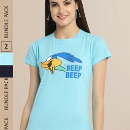 Fabflee Women Navy Blue & Blue Pack of 2 Graphic Printed Cotton T-shirt-image-21