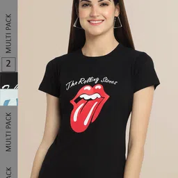 Fabflee Women Black & Blue Pack of 2 Typography Printed Cotton T-shirt-picture-25