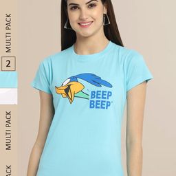 Fabflee Women Pack of 2 Blue & Off White Printed Cotton T-shirt-image-126