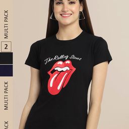 Fabflee Women Black Pack Of 2 Typography Printed Cotton T-shirts-image-116