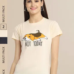 Fabflee Women Pack of 2 Beige & Black Printed Cotton T-shirt-image-77