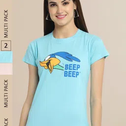 Fabflee Women Pack of 2 Blue & Peach-Coloured Printed Cotton T-shirt-image-95