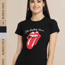 Fabflee Women Black & Grey Pack of 2 Graphic Printed Cotton T-shirt-image-87