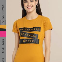 Fabflee Women Mustard Yellow & Pink Pack of 2 Printed T-shirt-image-96