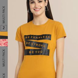 Fabflee Women Mustard Yellow & Pink Pack of 2 Printed T-shirt-image-89