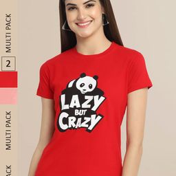 Fabflee Women Red & Mauve Pack Of 2 Typography 2 Printed  Cotton T-shirts-picture-0