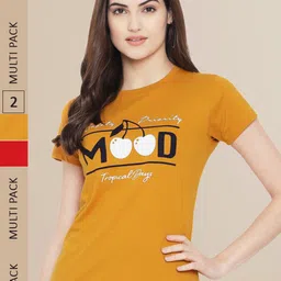 Fabflee Women Mustard Yellow & Red 2 Printed T-shirt-picture-2
