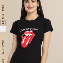 Fabflee Women Black & Beige Pack Of 2 Cotton Printed T-shirt-image-80