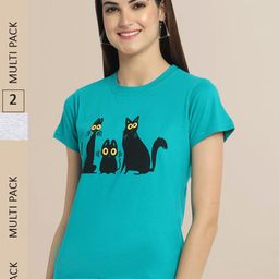 Fabflee Women Green & Turquoise Blue Pack Of 2 Cotton Printed T-shirt-image-32